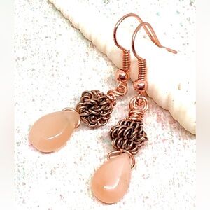 Peach Moonstone Teardrop with Copper Coil Rose Gold Tone Drop Dangle Earrings